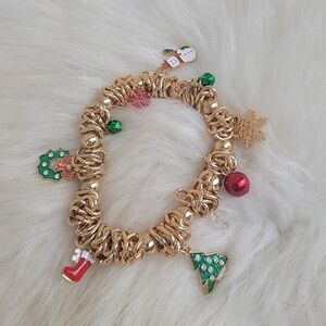 Christmas holiday charm snowman snowflake bracelet  goldtone stretch